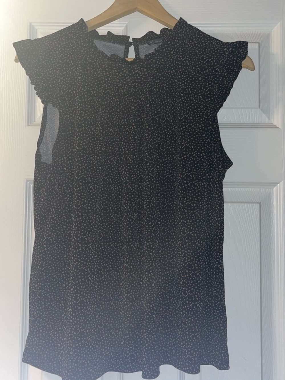 Adrianna Papell Black Sleeveless Ruffle-Neck Top with Pink Dot Print